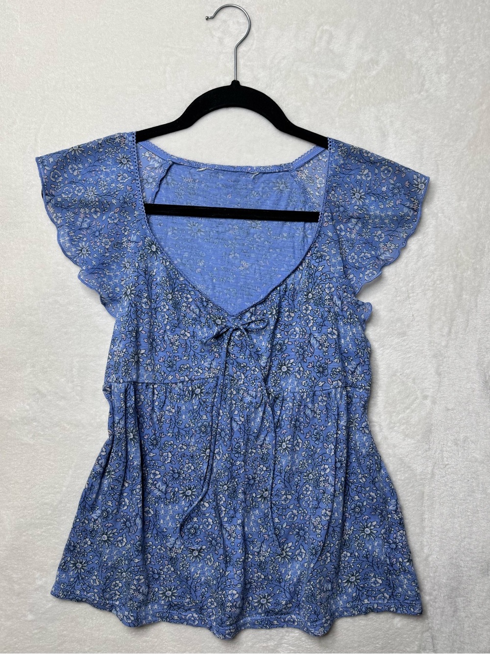 Lucky Brand Cotton/Modal Blue Floral Tie-Front Boho Babydoll Blouse Small